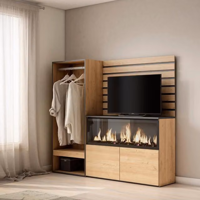 Credenza, 167x35x145cm, Camera da letto, Camino elettrico XXL, Armadio Aperto, colore Rovere RF3396