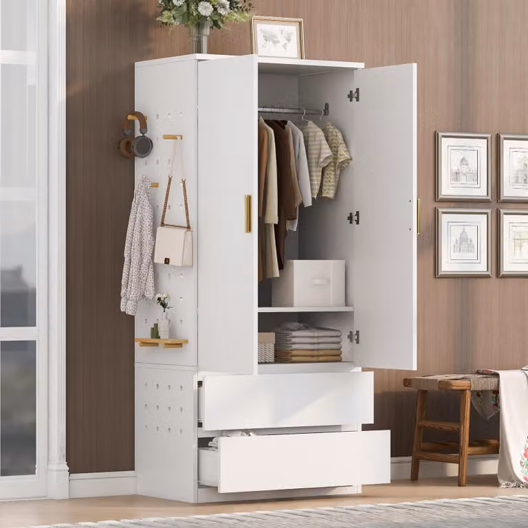 Armadio STILVORA con pannello forato laterale e 2 cassetti, mobiletto per la biancheria con scomparti nascosti, armadio multifunzionale per una persona