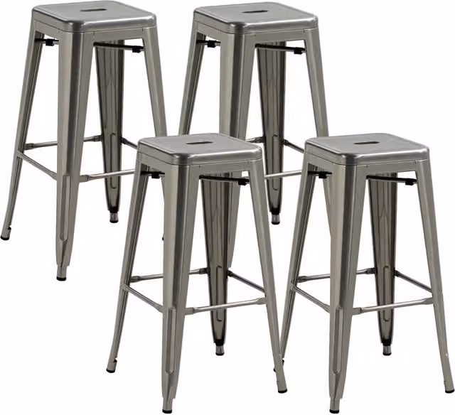 Set di 4 Sgabelli da Bar Industriali in Metallo Argento Impilabili Altezza Seduta 76 cm con Poggiapiedi per Cucina e Casa