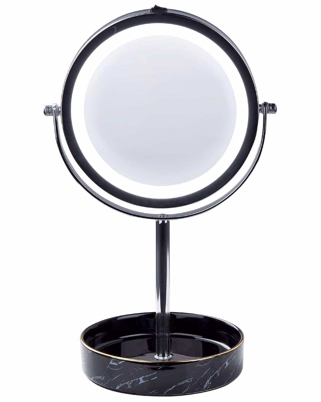 BELIANI Specchio cosmetico LED argento e nero cornice in metallo ferroso ø 20 cm supporto in Vetroceramica 1x/5x lente d'ingrandimento bifacciale