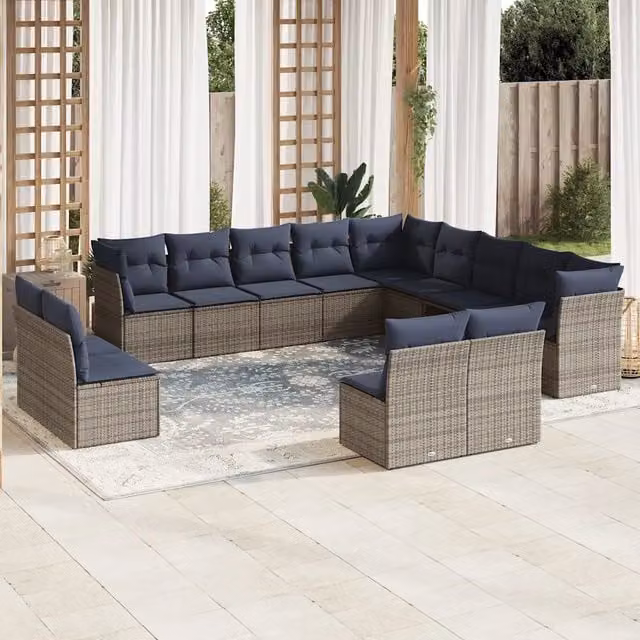 Set di divani da giardino a forma di U vidaXL in rattan con cuscini blu e grigi e struttura in acciaio verniciato a polvere – 1