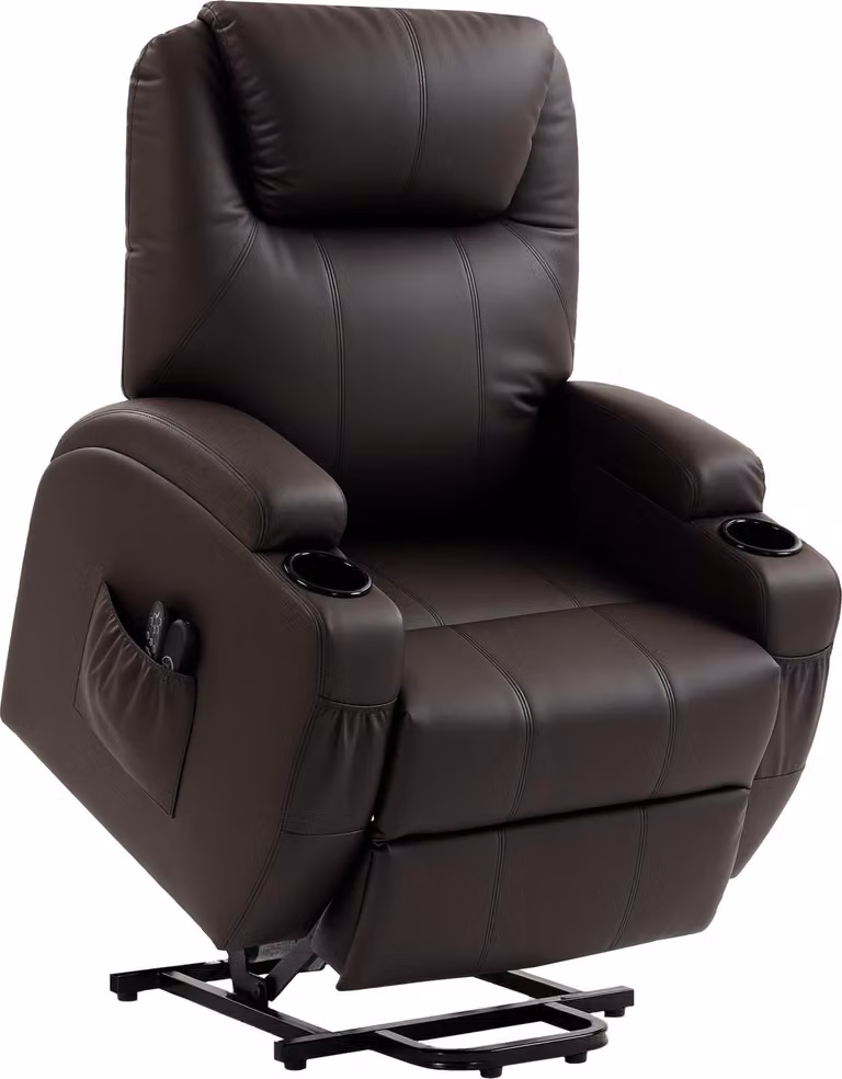 Poltrona alzapersona, poltrona relax con funzione di assistenza alla alzata, con telecomando, portabicchieri, schienale regolabile, marrone