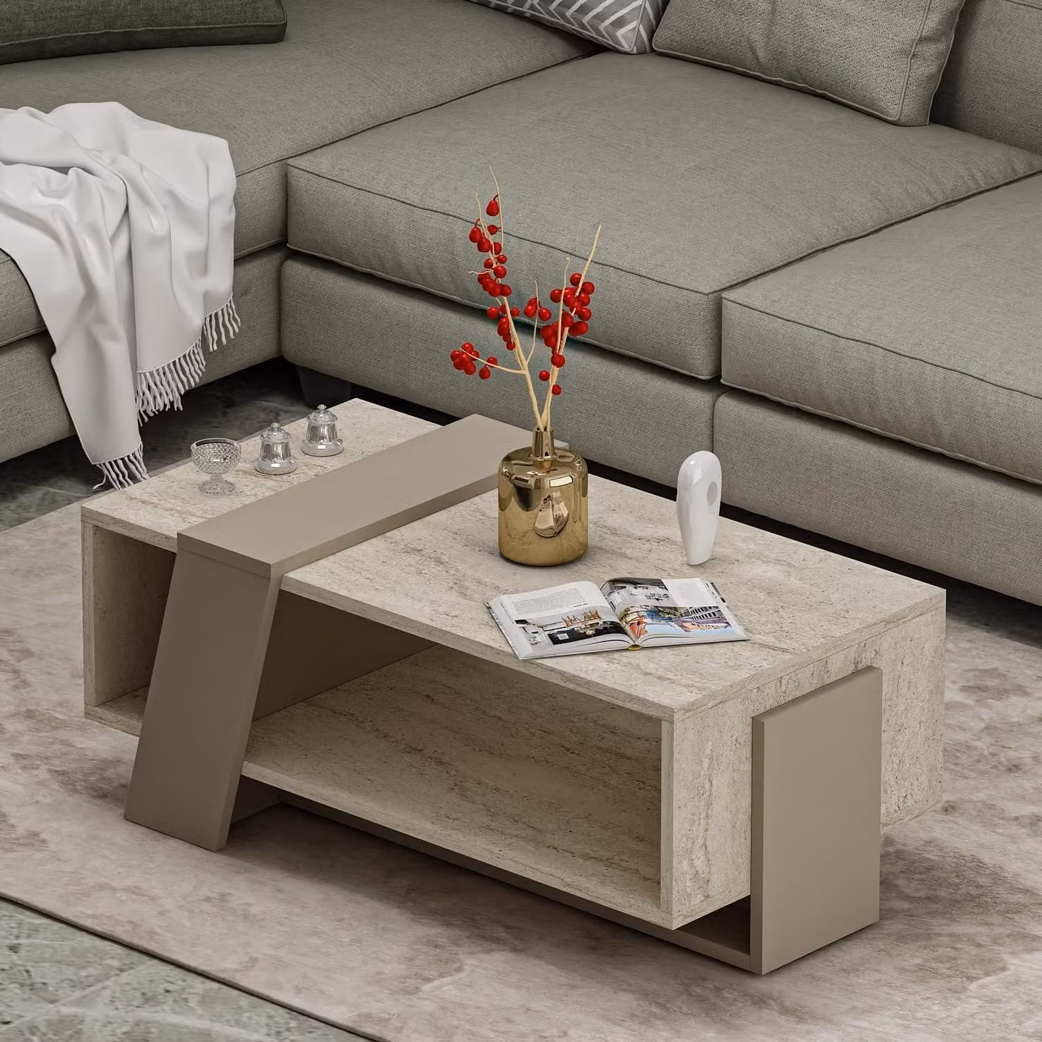 Tavolino HOMIDEA Melisa – Tavolino da divano moderno e da salotto con ripiano – 91,8 x 48,8 x 35 cm (travertino/beige)