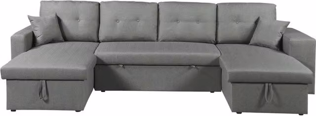 Divano angolare trasformabile Axel in tessuto grigio con struttura in legno massello e coperture rimovibili
