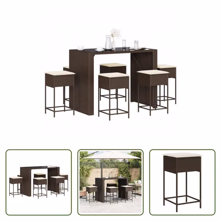 The Living Store Set bar da giardino 7 pezzi con cuscini in poly rattan marrone