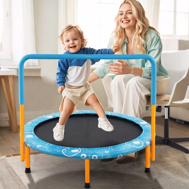 Costway Mini Trampolino per Bambini con Copertura di Sicurezza e Maniglia, Tappeto Elastico Pieghevole Azzurro, L/P/H: 92 x 92 x 80,5 cm