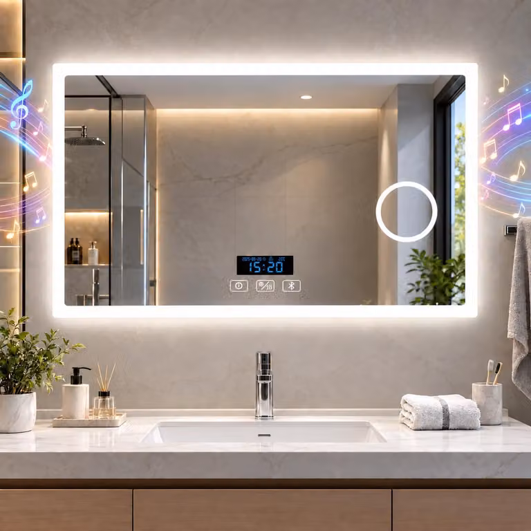 Specchio da bagno a LED con Bluetooth, dimensioni 100x70 cm, specchio triplo, orologio, 3 colori di luce