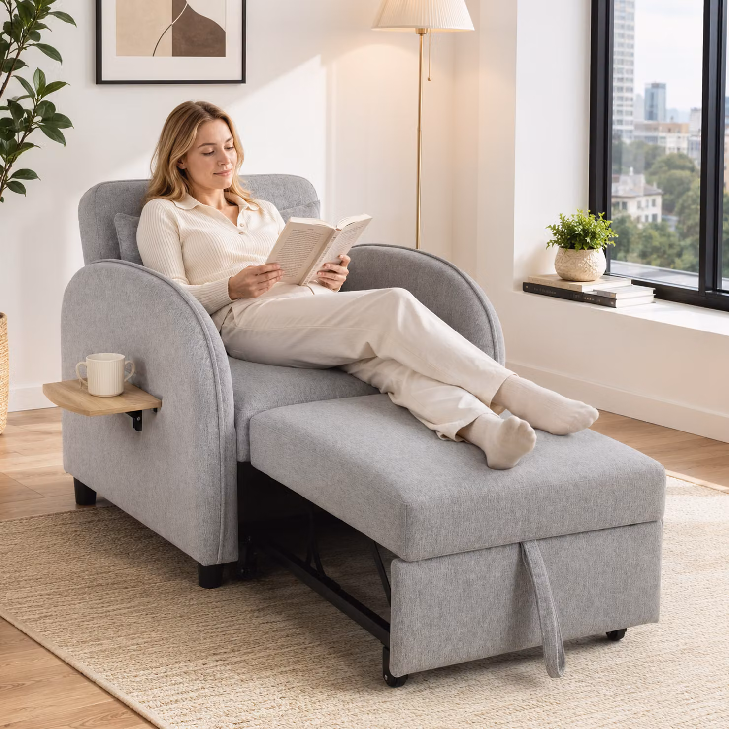 Poltrona Letto 3 in 1 HOMCOM in Tessuto di Lino con Schienale Regolabile e Tavolino Laterale, Grigio – 2