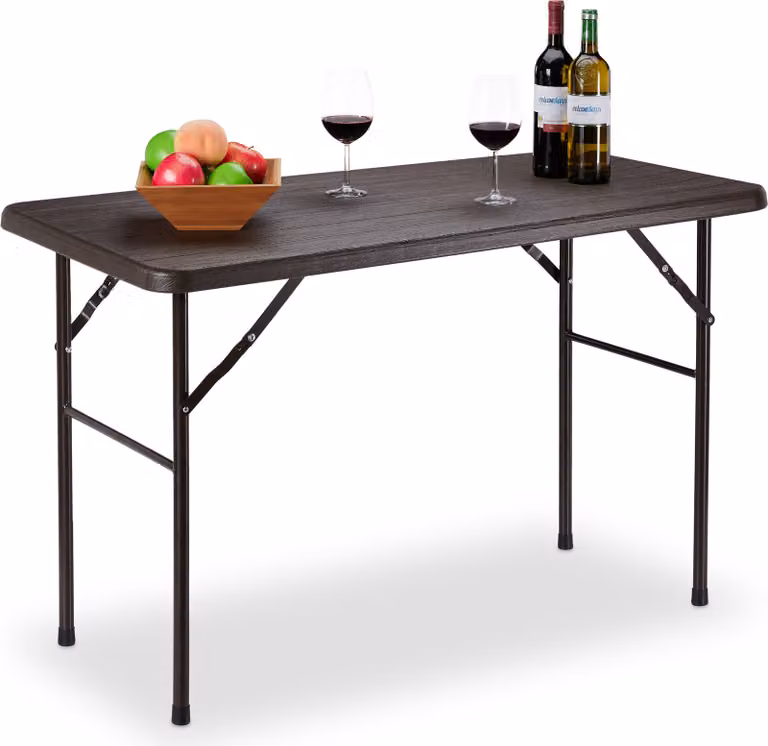 Tavolo da giardino Relaxdays, effetto legno, tavolo pieghevole rettangolare, plastica, metallo, tavolo da balcone, A x L x P: 74 x 120 x 60 cm, marrone