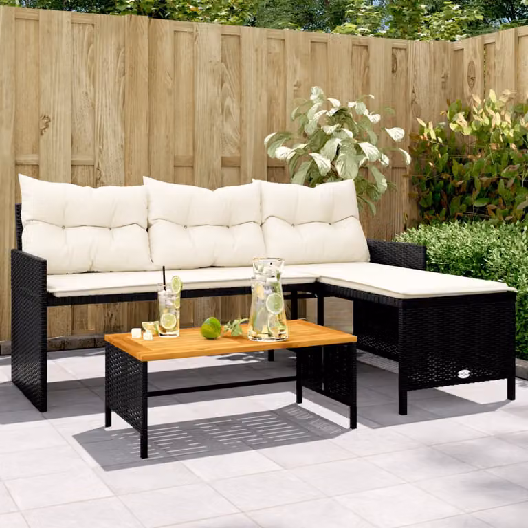 Set da giardino vidaXL con divano angolare a L, tavolo da caffè e cuscini, nero e bianco