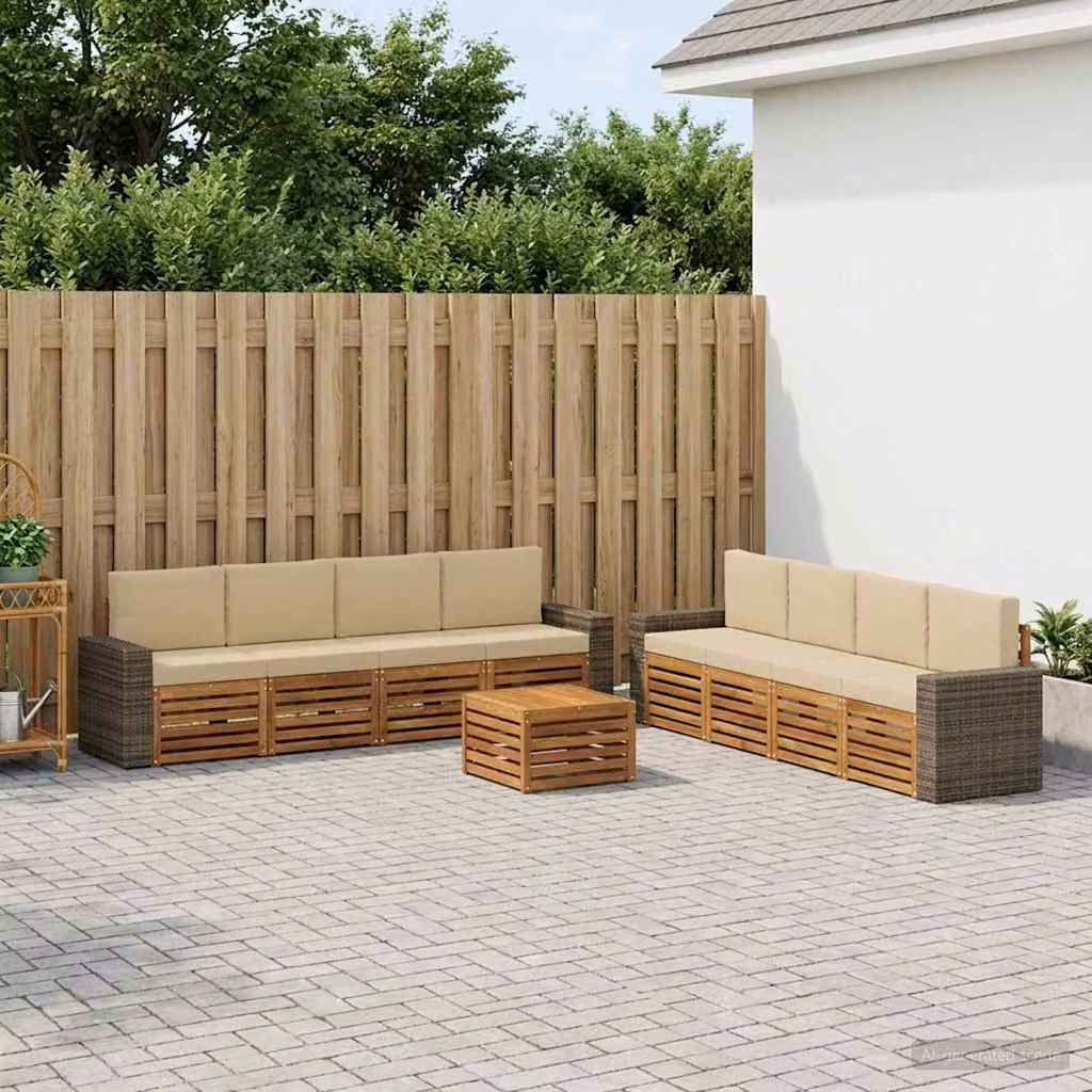 vidaXL Set di divani da esterno 9 pz in legno di acacia con tavolo da caffè, colore beige e marrone
