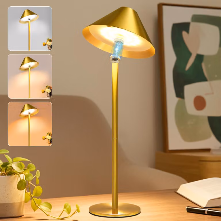 Lampada da tavolo a LED senza fili, batteria ricaricabile, orientabile a 360°, dimmerabile, 3 temperature di colore, lampada da comodino ricaricabile, oro