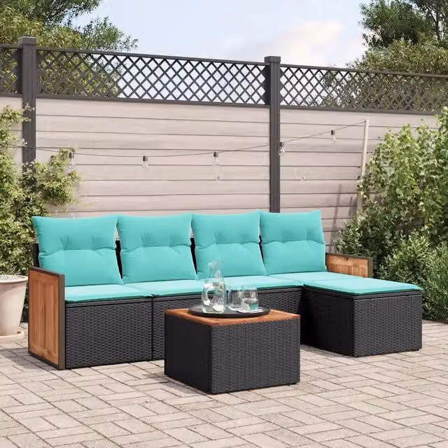 Set di Divani da Giardino a L vidaXL in Polyrattan con Cuscini e Tavolino, 6 Pezzi, Colore Nero, Blu e Turchese
