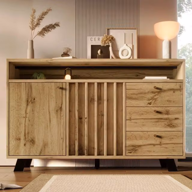 Sideboard Vintage in Rovere Scuro, 120x40x85 cm, con 3 Cassetti, 2 Ante e Scomparto Aperto, Fronte a Listelli per Soggiorno, Sala da Pranzo e Ingresso