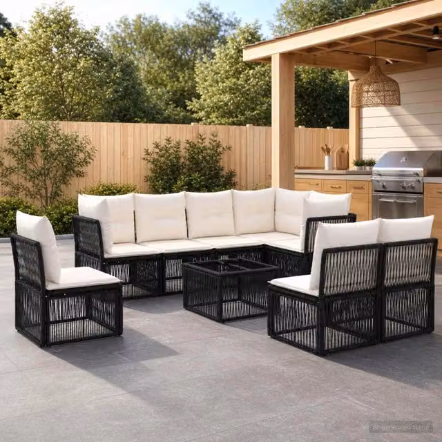 Set Divano da Giardino a L con Tavolino vidaXL, 9 Pezzi in Polyrattan Nero con Cuscini Imbottiti e Coperture Rimovibili