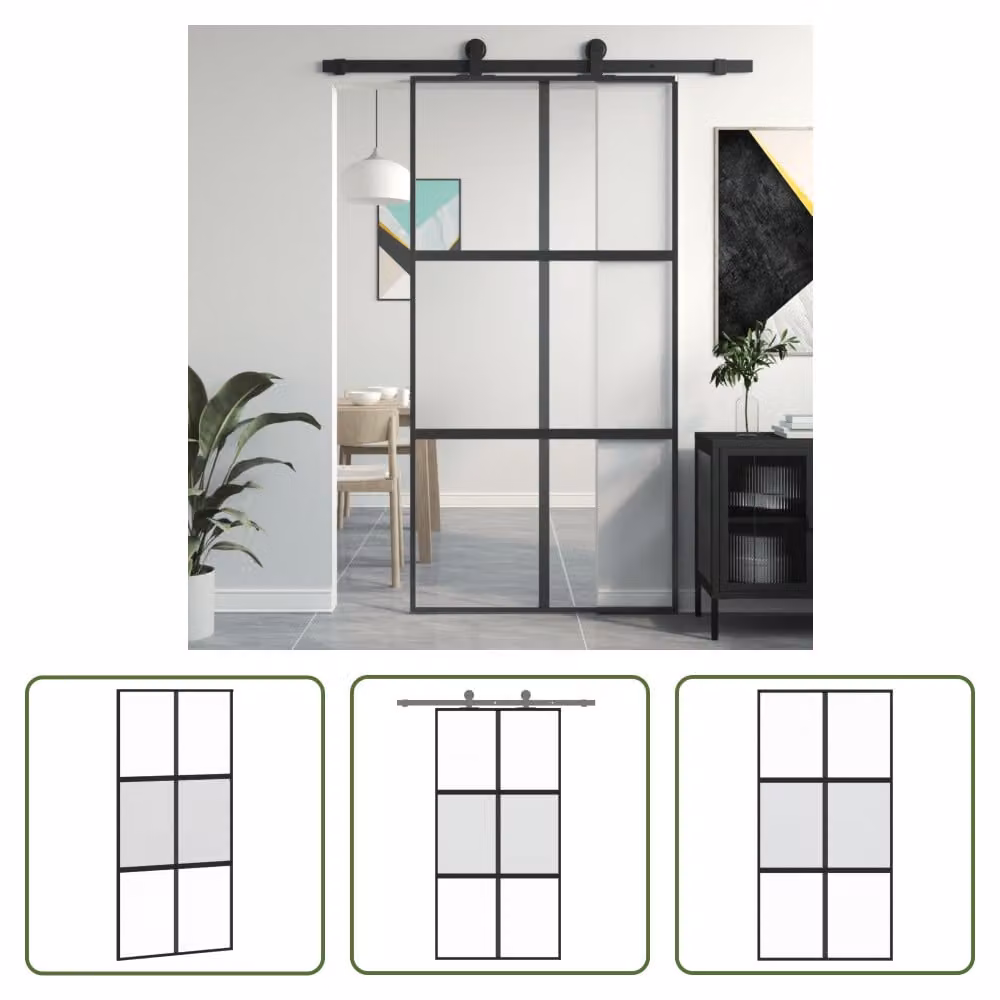 The Living Store Porta scorrevole nera 102,5x205 cm in vetro temperato e alluminio