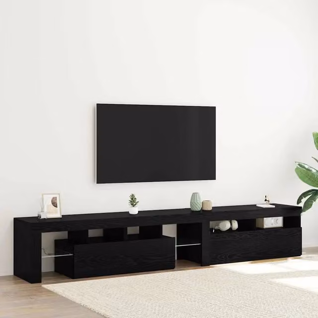 Mobile TV moderno vidaXL in legno ingegnerizzato e vetro, colore nero, con illuminazione integrata e scomparti multimediali