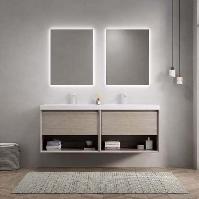 Mobile lavabo da bagno 140 cm con 2 lavandini rettangolari bianchi in resina, mobile in compensato effetto rovere chiaro con 2 cassetti e 2 ripiani aperti, preassemblato