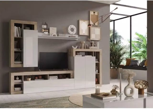 Set di mobili da soggiorno collezione BURA, lunghezza 290cm. Colori rovere Cadiz e bianco laccato lucido
