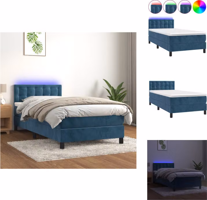 vidaXL Letto a molle con materasso e LED in velluto blu scuro 100x200 cm - Letti & strutture letto