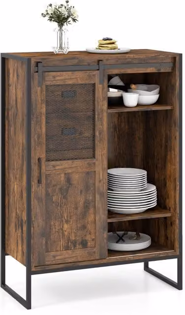 Armadio da terra con porta scorrevole 5 cassetti e ripiani regolabili, Mobile buffet rustico per bagno soggiorno cucina Marrone