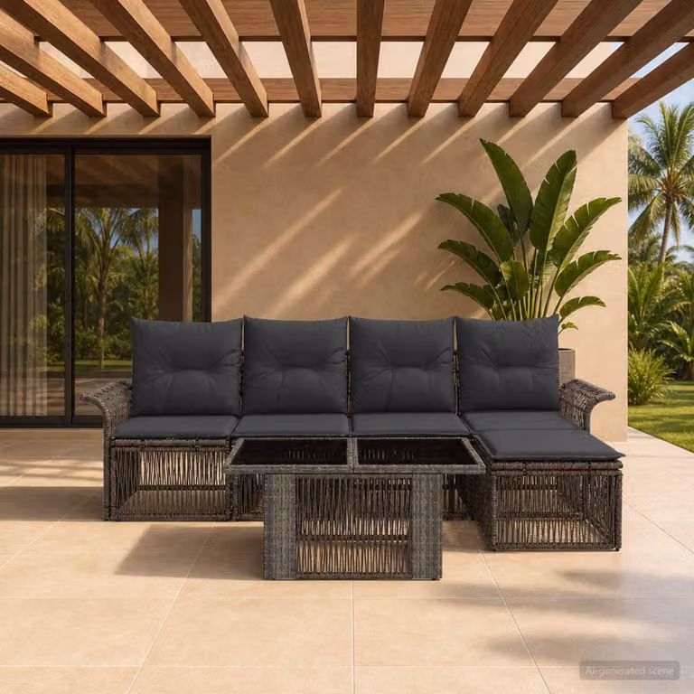 Set Divano da Giardino vidaXL 6 Pezzi in Polyrattan Grigio e Antracite con Cuscini e Tavolino