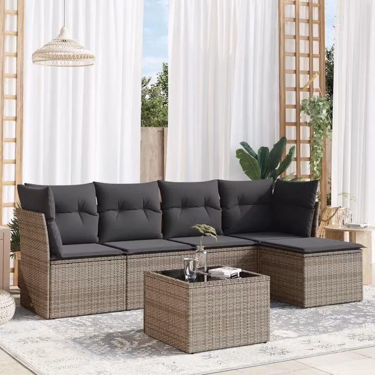 vidaXL Set Divano da Giardino 6 pz a Forma di L in Polyrattan Grigio con Cuscini e Tavolino da Caffè