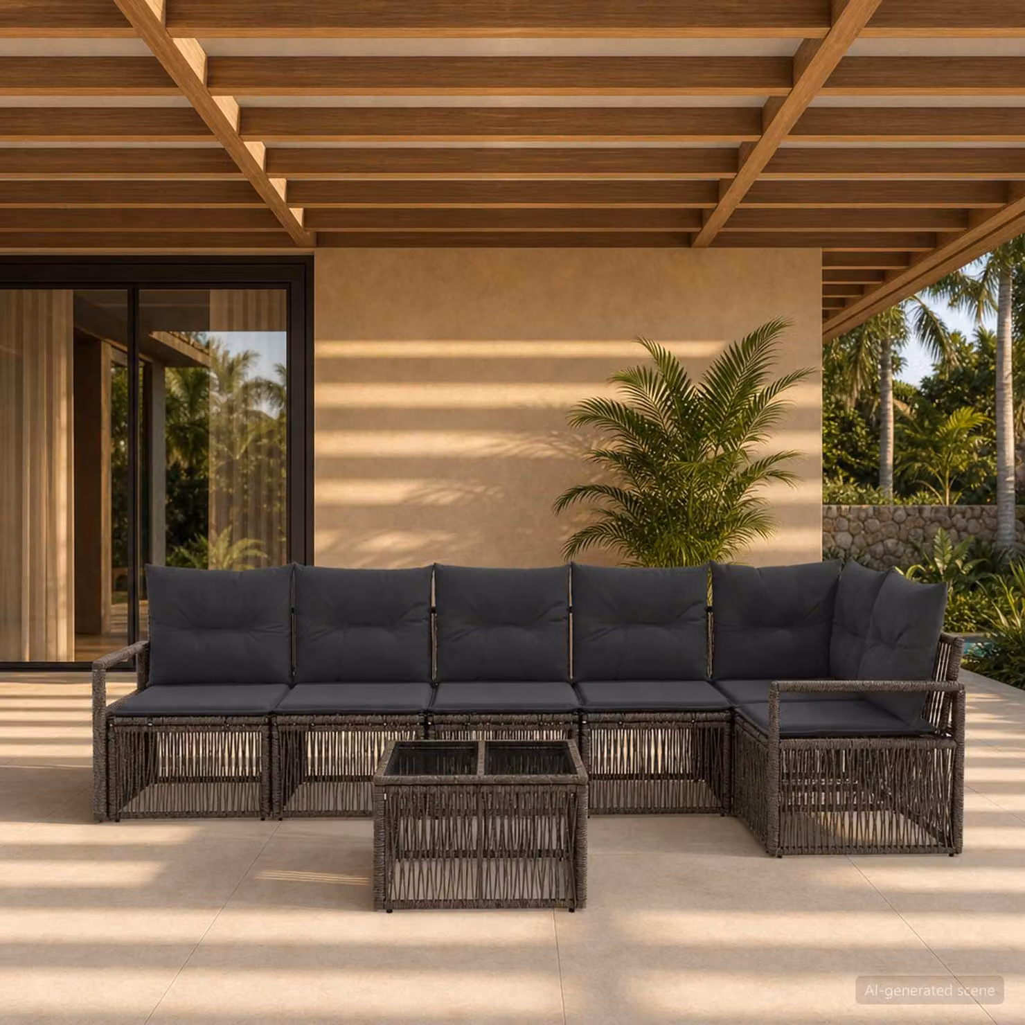 Set Divano da Giardino vidaXL 7 pz Grigio con Poltroncina, Elemento Angolare, Tavolino e Cuscini Imbottiti in Polyrattan e Metallo