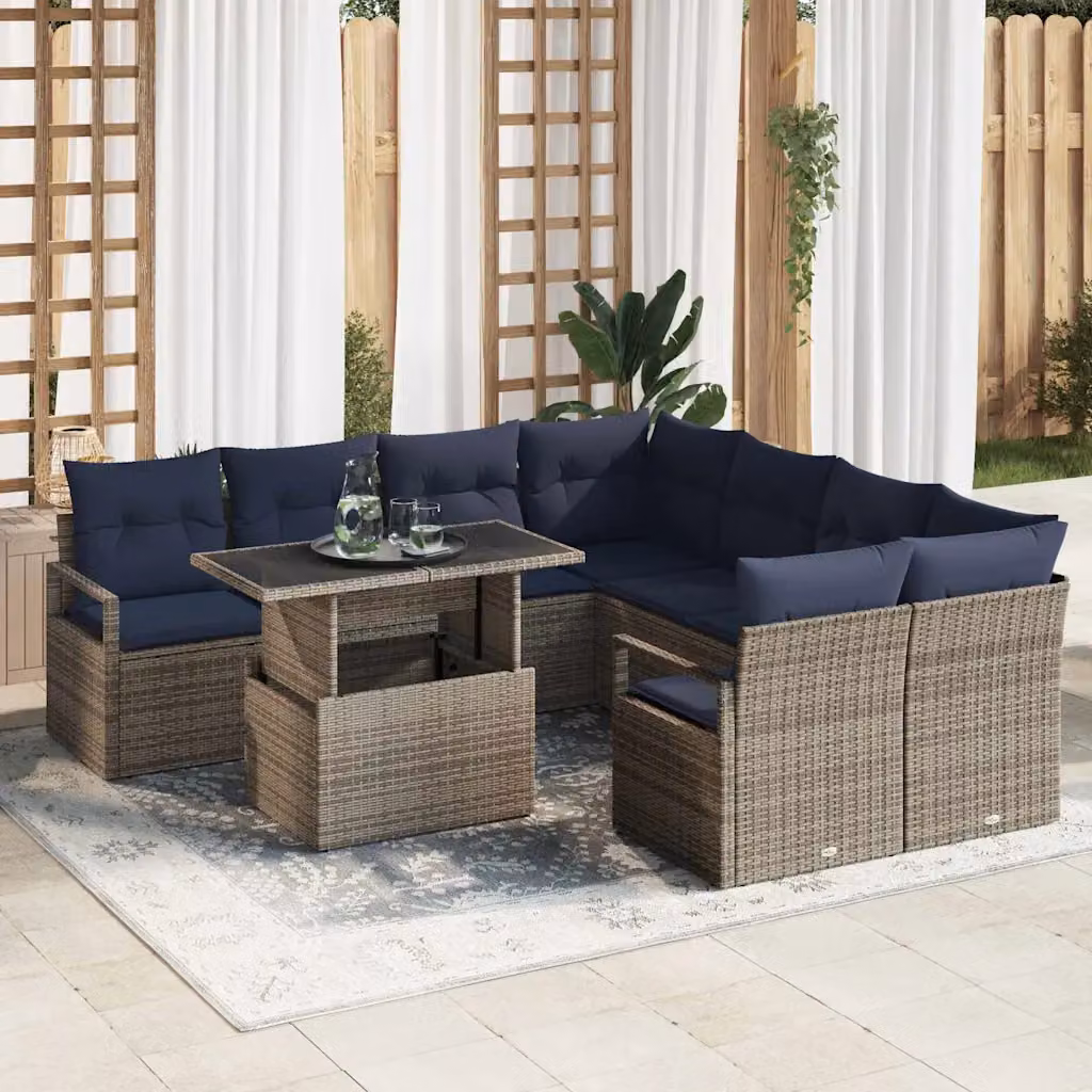 vidaXL Set Divano da Giardino Moderno a L con 9 Pezzi, Grigio e Blu Navy
