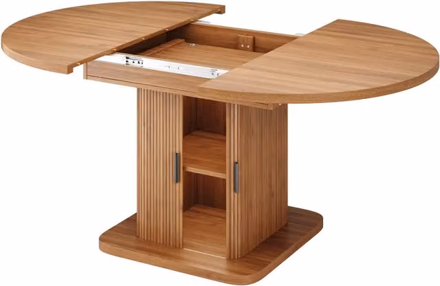 Tavolo da pranzo allungabile ovale con mobile contenitore, 110–149,8 cm, ripiano estraibile, opzioni noce o nero
