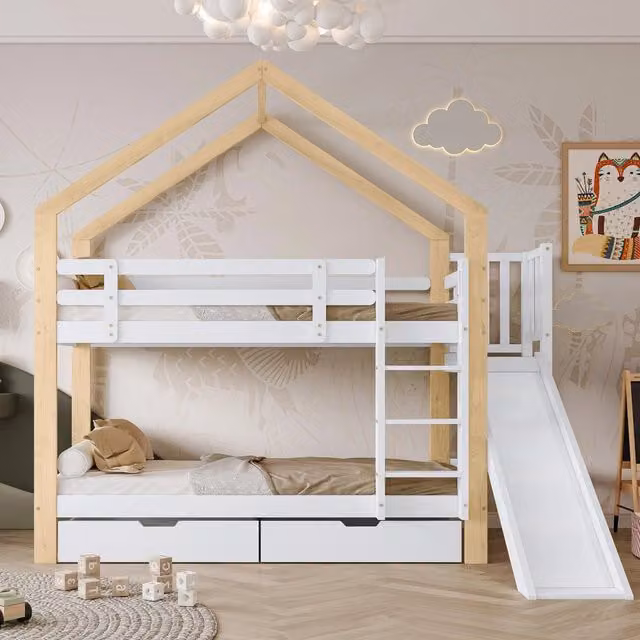 letto a castello in legno massello e mdf bianco e naturale 90x200 cm