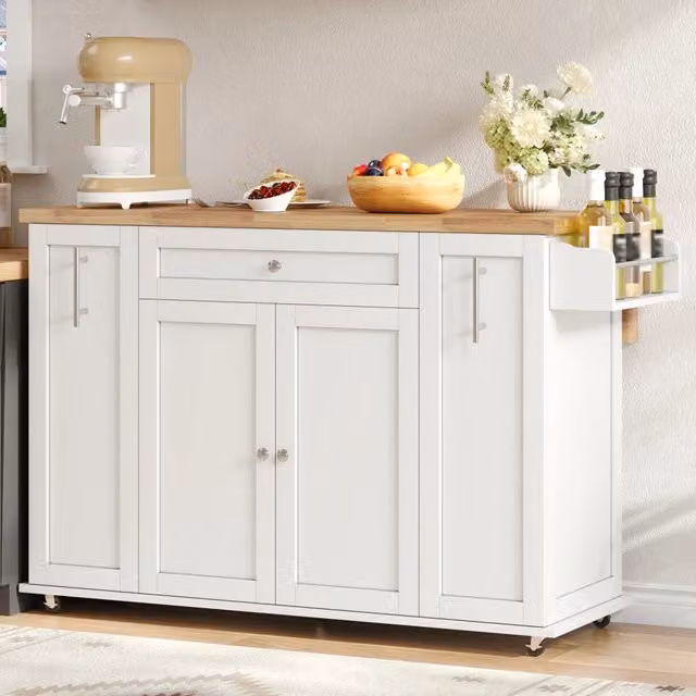 Carrello da cucina con piano pieghevole, 3 cassetti, ripiani con anta, portaspezie e ruote bloccabili in MDF