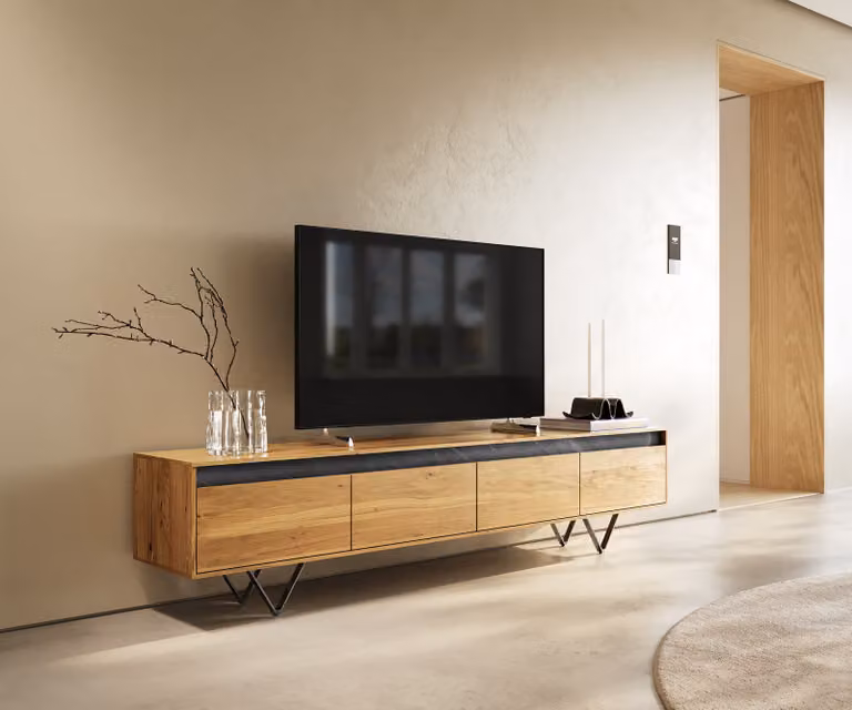 DELIFE Mobile basso di design Stonegrace 200 cm, rovere naturale e ardesia, 4 cassetti, piedini a V in metallo nero