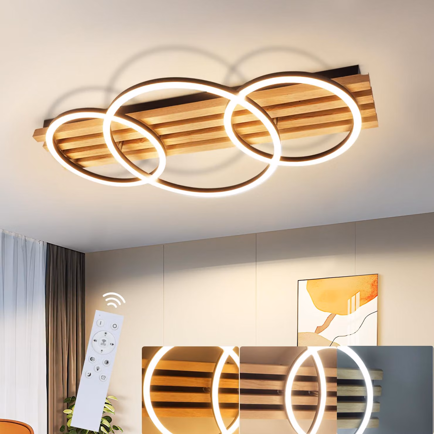 ZMH Lampada da soffitto a LED dimmerabile in legno con telecomando, 70 cm, 46 W, lampada da soggiorno, lampada da soffitto a 3 anelli nera per camera da letto