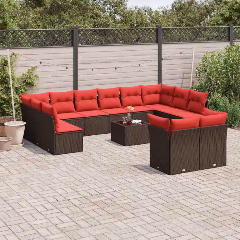 Set di divani da giardino vidaXL 13 pezzi in polyrattan marrone con cuscini e tavolino da esterno