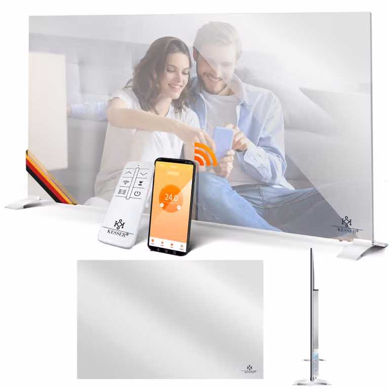 KESSER® Riscaldatore a infrarossi, specchio riscaldante, sistema 2in1 a risparmio energetico. Riscaldatore elettrico da pavimento o da parete, con sensore di finestre aperte, telecomando e controllo tramite app. Pannello riscaldante a infrarossi con termo