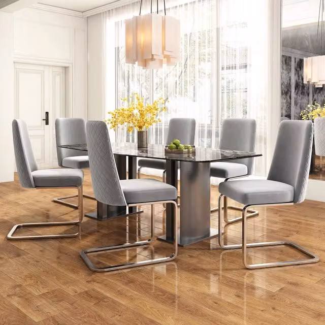 Sedie da pranzo 6 pezzi con schienale trapuntato supporto confortevole gambe in metallo velluto grigio argento