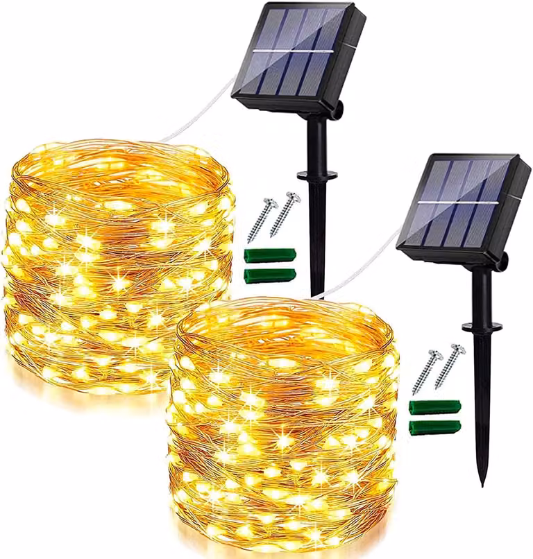 Catena luminosa solare, 12 metri, 120 LED, luce bianca calda, grado di protezione IP65, confezione da 2