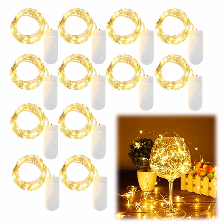 Set di 12 mini luci a LED, lunghezza 2 metri, 20 LED bianco caldo, alimentate a batteria