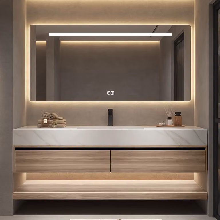 Lavabo con venature del legno, mobile sottolavabo in pietra sinterizzata bianca, piano di lavoro, set specchio 140*55 cm【YT3256-140 K】