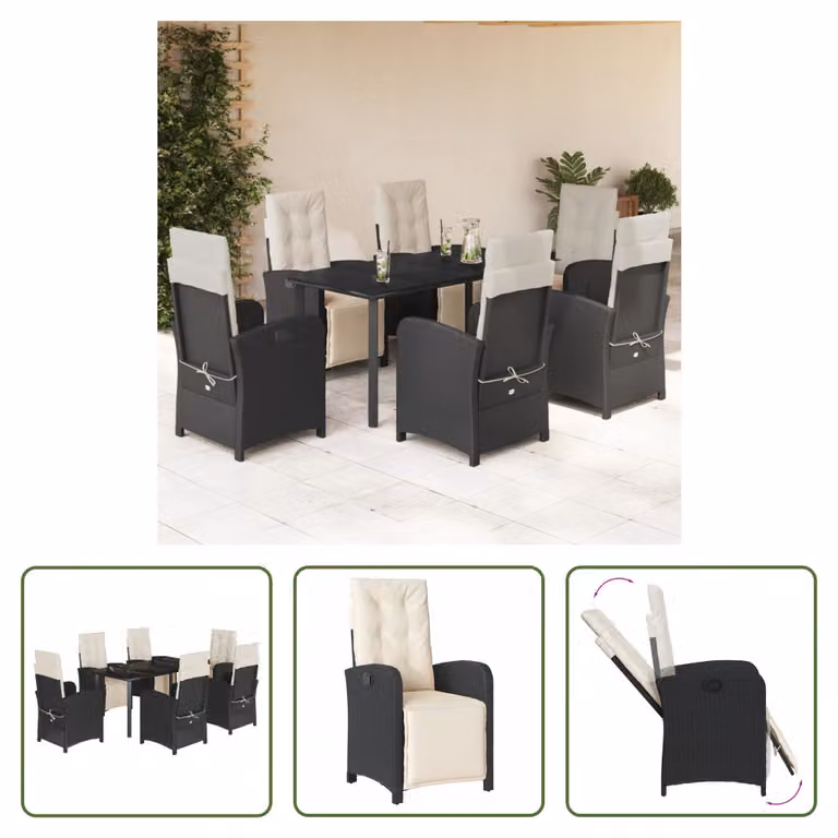 The Living Store Set da pranzo da giardino 7 pezzi con cuscini in polirattan nero