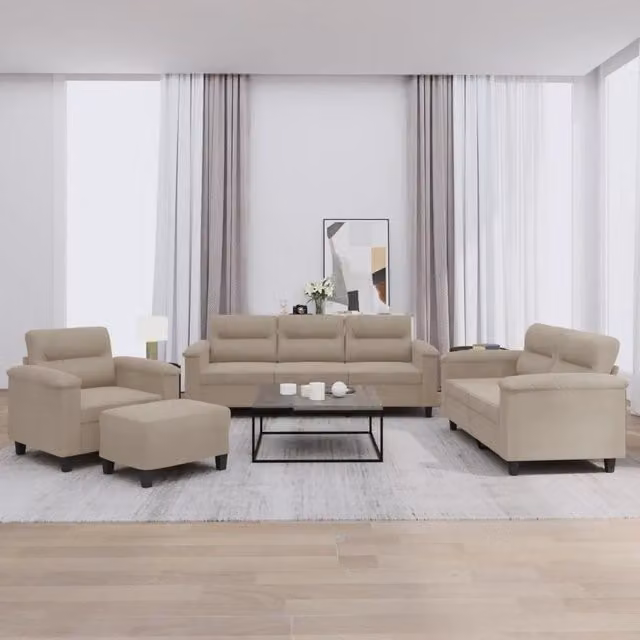 Set di Divani Moderno vidaXL in Microfibra Beige con Pouf e Cuscini per Soggiorno – 1