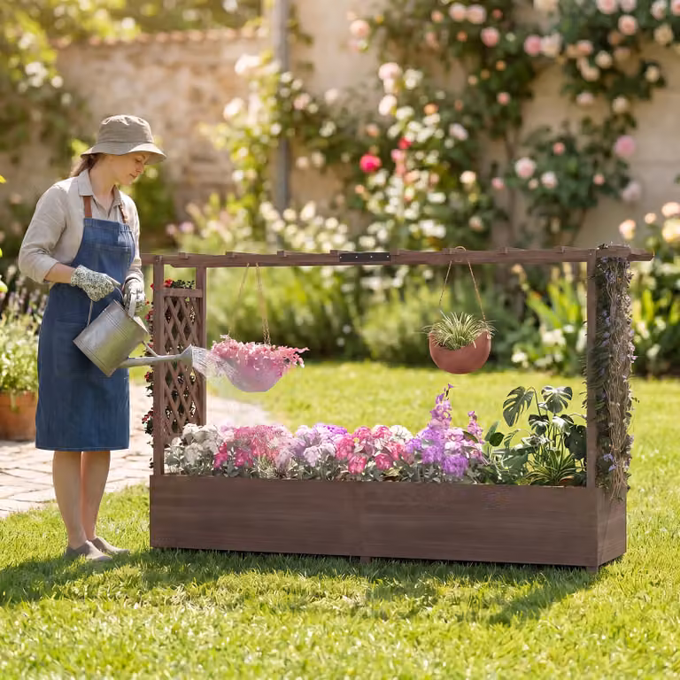 Fioriera rialzata Costway in legno marrone con traliccio e tettoia per fiori, verdure, erbe e piante rampicanti