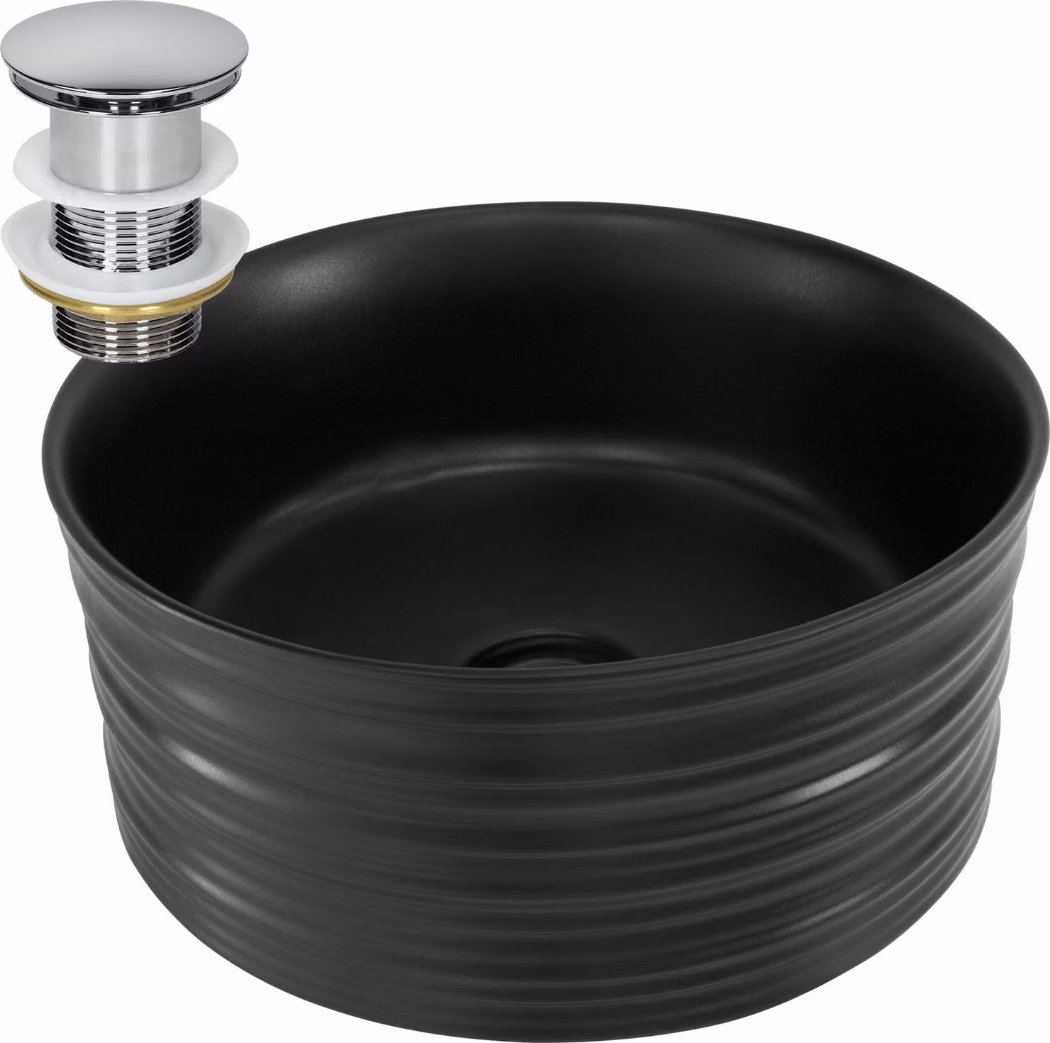 Lavabo LuxeBath Lavabo da appoggio rotondo, Ø 41x18 cm, nero, in Vetroceramica, incl. set di scarico senza troppopieno
