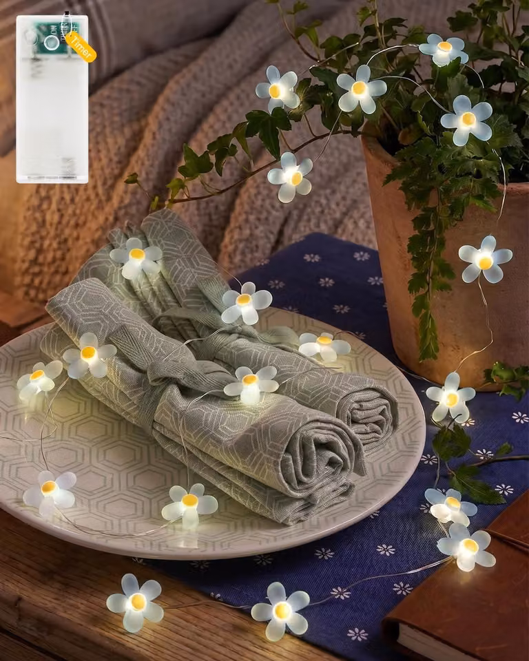 Catena luminosa a LED a forma di fiori, 20 LED, 2 metri, luce bianco caldo, con timer