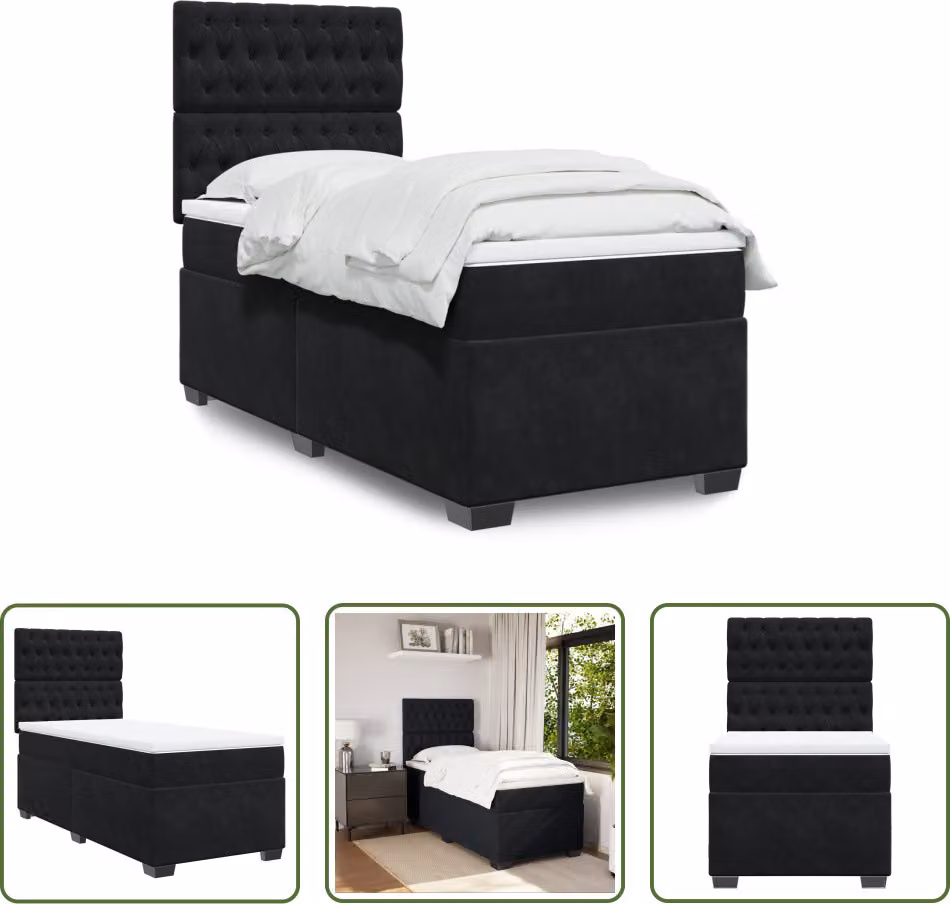 The Living Store Letto a molle con materasso nero 90x190 cm in velluto