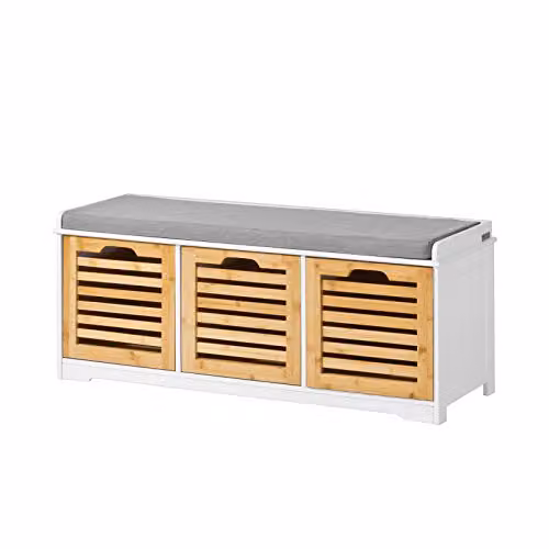 SoBuy Panca Scarpiera Ingresso con Seduta - Scarpiera Salvaspazio con Contenitore, Cassapanca Porta Scarpe Slim per Corridoio o Camera, Bianco e Legno, 105x35x43cm, Portata 120kg – FSR23-WN
