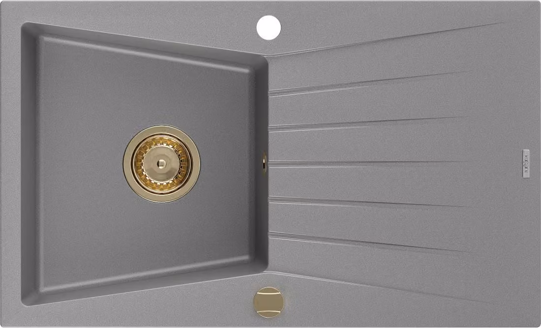 Mexen Cesar lavello in granito a 1 vasca con sgocciolatoio 775 x 470 mm, grigio, sifone dorato - 6514771010-71-G