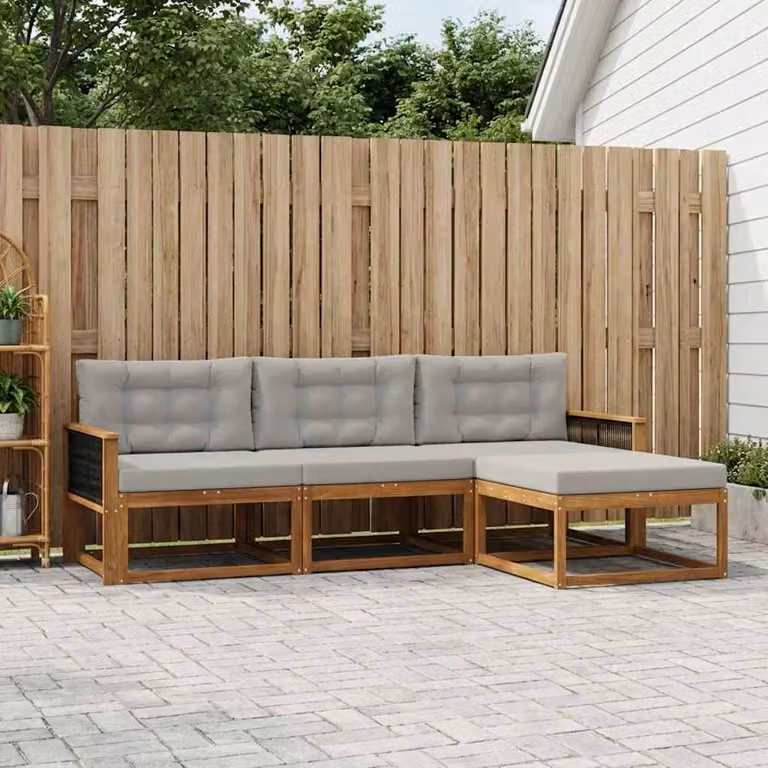 Set di divani da esterno vidaXL a forma di L in legno di acacia con pouf e cuscini, marrone e grigio