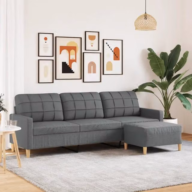 Divano a 3 Posti con Poggiapiedi-Sofa 3 Posti con Poggiapiedi Grigio Scuro 210cm in Tessuto